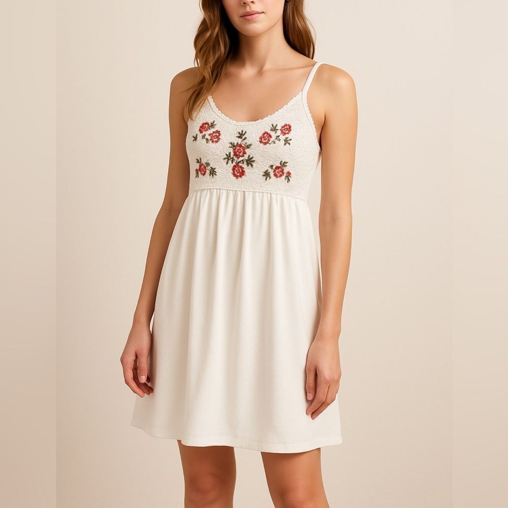 White Crochet Embroidered Sundress With Floral Details Size M